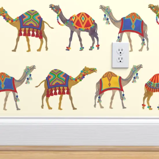 Peel & Stick Wallpaper 2FT Wide Exotic Desert Animal Camel Pom Poms Tassels Whimsical Maximalist Colorful Custom Removable Wallpaper by Spoonflower {4}
