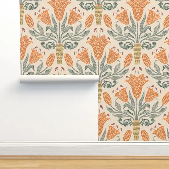 Pre-Pasted Wallpaper 2FT Wide Floral Orange Mosaic Tile Lily Roman Botanical Damask Meadow Large Scale Custom Pre-pasted Wallpaper by Spoonflower {2}