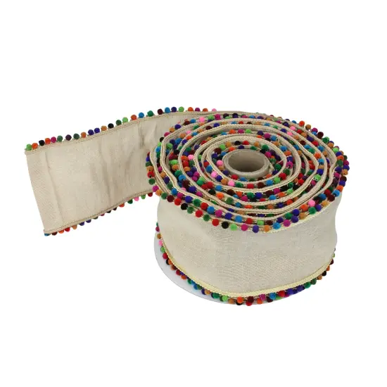 Raz Multi-Color Pom-Pom Wired Craft Ribbon 4" x 10 Yards Beige {3}