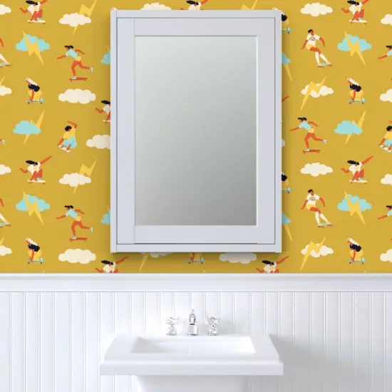 Pre-Pasted Wallpaper 2FT Wide Skater Girls Retro 1970S Skateboard Feminism Women Skateboarding Custom Pre-pasted Wallpaper by Spoonflower {6}
