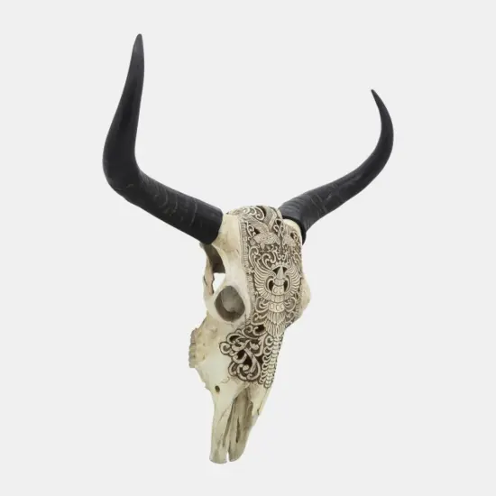 Kingston Living Bull Skull Wall Sculpture - 28" - Off White and Black {4}