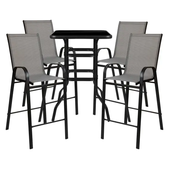 Emma and Oliver 5 Piece Outdoor Bar Height Set-Glass Patio Bar Table-All-Weather Barstools Black {6}