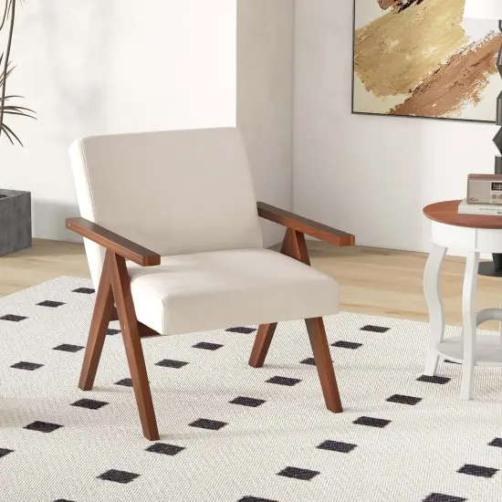 Costway 1 PCS Modern Accent Chair Linen Fabric Armchair with Solid Acacia Wood Frame Beige/Grey {5}