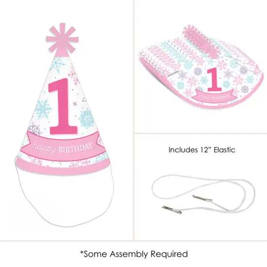 Big Dot of Happiness Pink Snowflakes 1st Birthday - Cone Happy Birthday Party Hats for Kids and Adults - Set of 8 (Standard Size) {6}