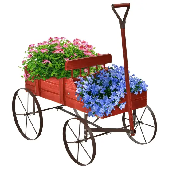 Rustic Wooden Wagon Planter with Metal Wheels Small Garden Cart for Flowers Outdoor Decor Red {4}