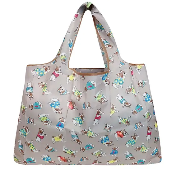 Wrapables Large Foldable Tote Nylon Reusable Grocery Bag Gray French Bulldogs {2}