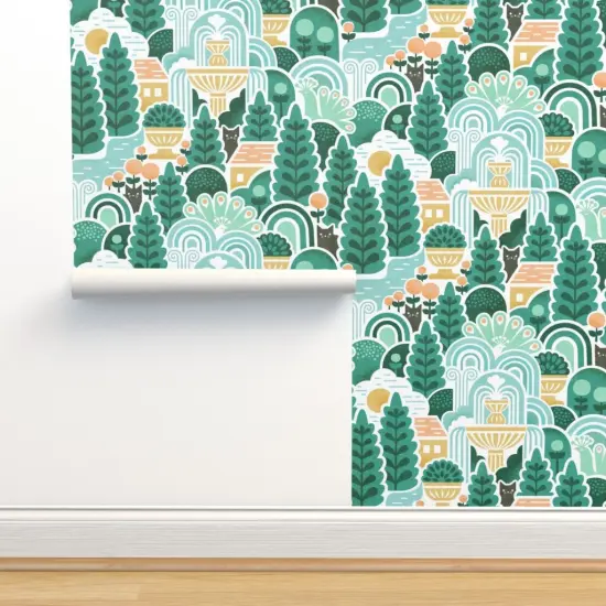 Pre-Pasted Wallpaper 2FT Wide Green Landscape Nature Cats Animals Woods Tree Forest Large Scale Italian Fountain Botanical Custom Pre-pasted Wallpaper by Spoonflower {2}