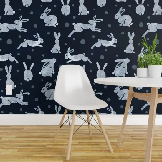 Pre-Pasted Wallpaper 2FT Wide Indigo Rabbits Dark Blue Bunny Snow Hare Winter Animals Custom Pre-pasted Wallpaper by Spoonflower {1}