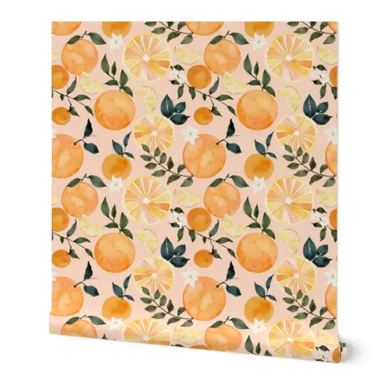 Peel & Stick Wallpaper 2FT Wide Watercolor Fruit Summer Orange Citrus Modern Botanical Small Scale Custom Removable Wallpaper by Spoonflower {7}