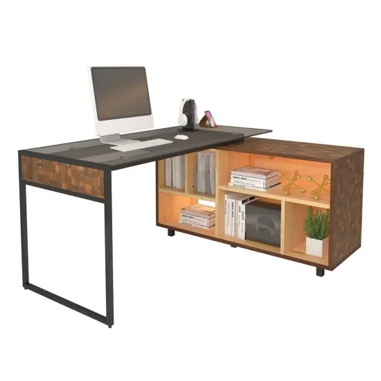 Techni Office Solutions L Shaped Computer Desk with Shelves - 56" - Brown {1}