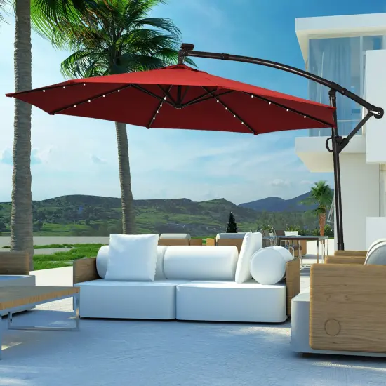 Costway 10FT Patio Offset Umbrella Solar Powered LED 360degrees Rotation Aluminum Beige/Blue/Turquoise/Navy/Orange/Burgundy/Gray {8}