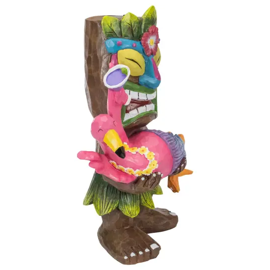 Northlight 15" Solar Lighted Polynesian Outdoor Garden Tiki with Flamingo Statue Green {4}