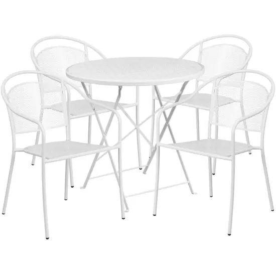 Emma and Oliver Commercial Grade 30" Round Metal Folding Patio Table Set w/ 4 Round Back Chairs White {1}