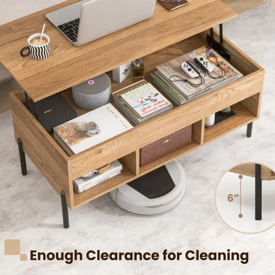 Costway Lift Top Coffee Table with Storage Compartment & 3 Open Cubbies for Living Room {5}