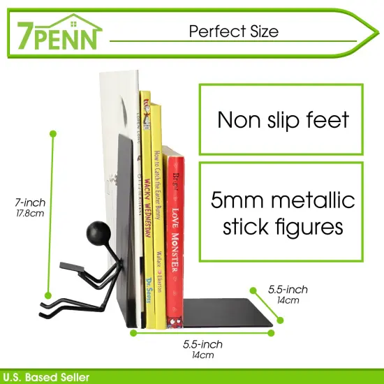 7Penn Black Stick Figure Metal Bookends - 2pc Decorative Book Ends for Shelves {2}