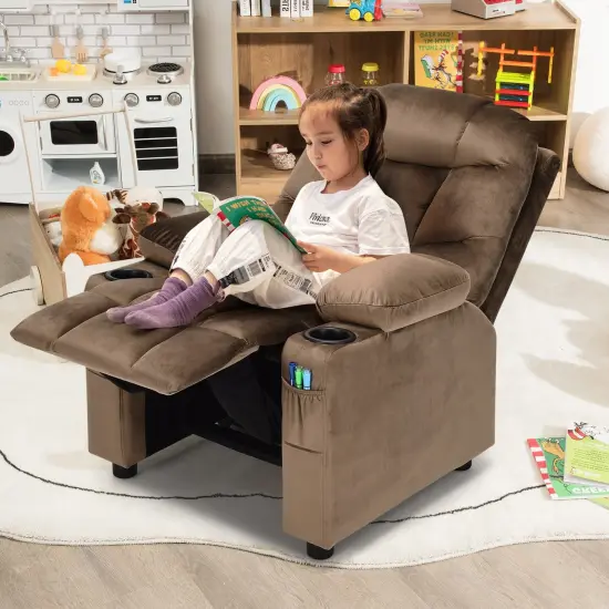 Kids Recliner Chair with Cup Holders Suitable for Children's Room, Living Room and Bedroom Light Brown {2}