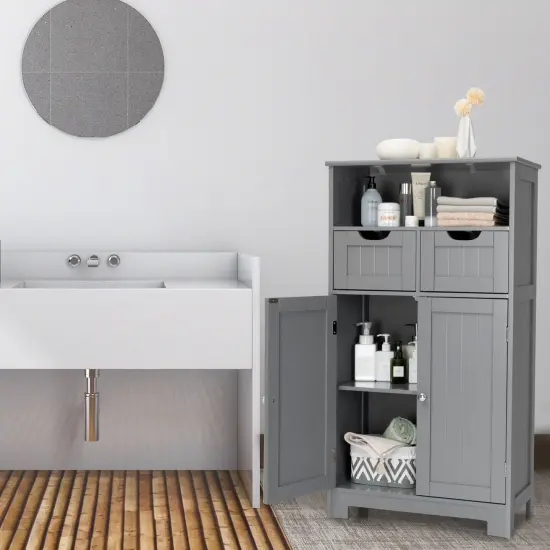 Bathroom Wooden Side Cabinet with 2 Drawers and 2 Doors Grey {3}