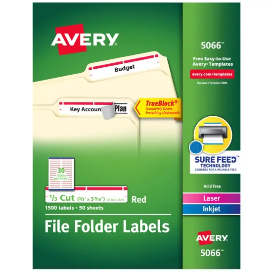 Avery TrueBlock File Folder Labels, 2/3" x 3-7/16", 1,500 Printable Labels, White/Red (5066) {1}
