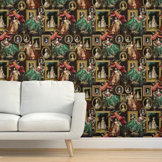 Peel & Stick Wallpaper 2FT Wide Green French Toile Rococo Queen Baroque Frames Museum History Large Scale Portraiture Neoclassical Custom Removable Wallpaper by Spoonflower {5}
