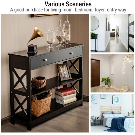 3-Tier Console Table with Drawers for Living Room Entryway Black {3}
