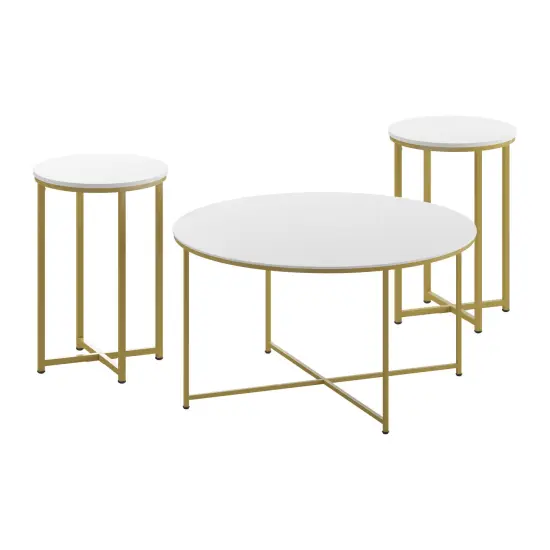Merrick Lane Fairdale Round Coffee Table Set - 3 Piece Coffee Table Set with Crisscross Frame - Coffee Table & 2 End Tables White/Brushed Gold {1}