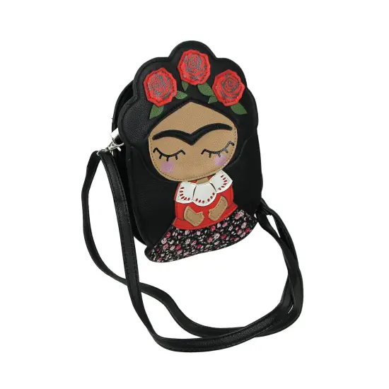 Adorable Black Vinyl Mexican Girl With Flower Crown Crossbody Bag {3}