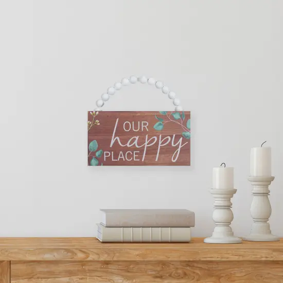 Northlight Beaded Hanger "Our Happy Place" Floral Wall Art Plaque - 7.75" Brown {3}