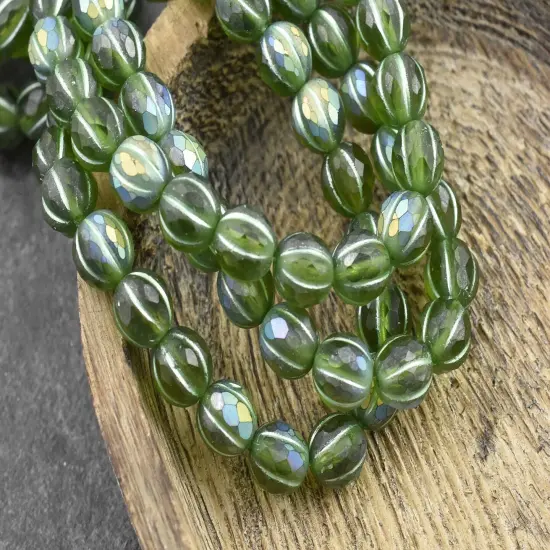 *20* 8mm Metallic Green Washed Matte Peridot AB Faceted Round Melon Beads {4}