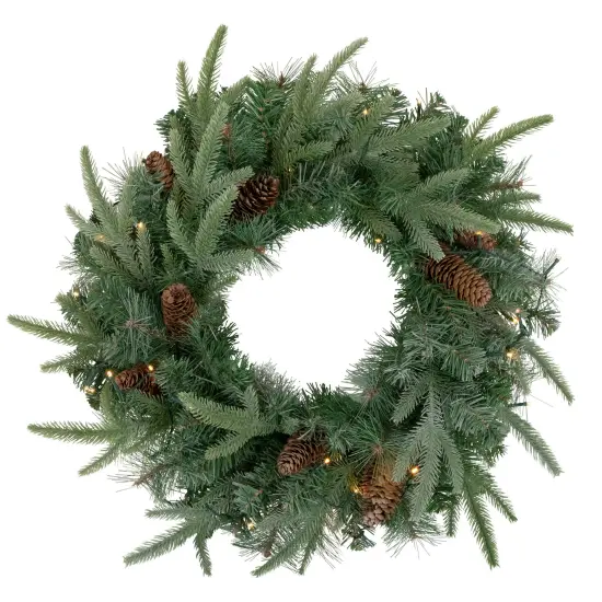 Northlight Pre-Lit Battery Operated Mixed Pine and Pine Cone Christmas Wreath - 24" - Warm White LED Lights Green {1}