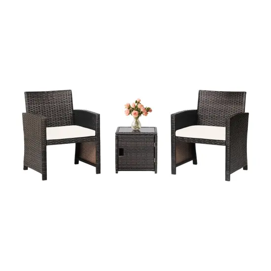 3 Pieces Patio Wicker Furniture Set with Storage Table and Protective Cover Grey {7}