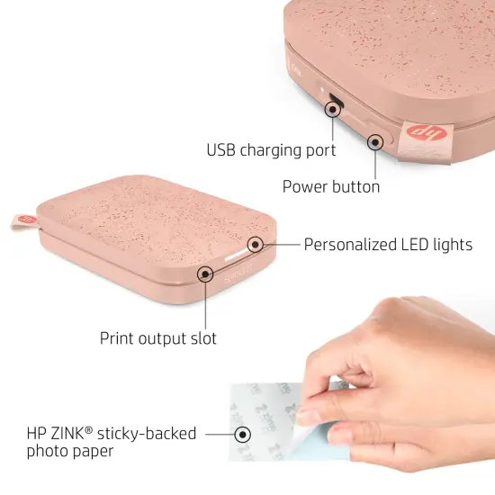 HP Sprocket Portable Printer, Zink Sticky Paper 2x3" Instant Photo Printer for iOS & Android Device Blush Pink {2}