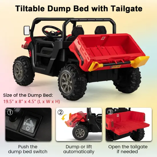 Steel 2-Seater Kids Dump Truck with Remote, Shovel and Off-Road Performance Red {3}