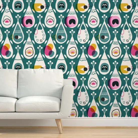 Pre-Pasted Wallpaper 2FT Wide Modern Retro Abstract Mid Century Mod Bird Feather Dark Green Custom Pre-pasted Wallpaper by Spoonflower {5}