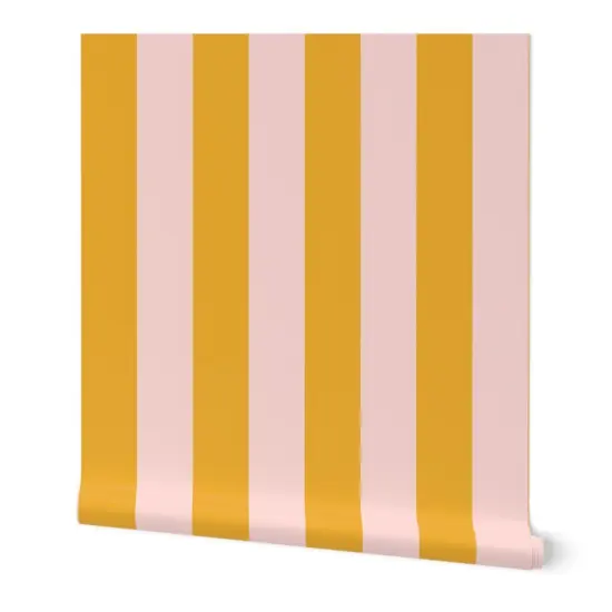 Peel & Stick Wallpaper 2FT Wide Pink Bold Stripe Yellow Coastal Beach Citrus Lemon Candy Large Scale Custom Removable Wallpaper by Spoonflower {7}