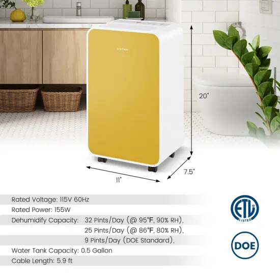 Costway Dehumidifier for Home Basement 32 Pints/Day 3 Modes Portable up to 2500 Sq. Ft Blue/Pink/Yellow {3}