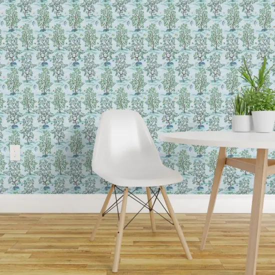 Pre-Pasted Wallpaper 2FT Wide Blue Floral Citrus Tree Botanical Toile Kitsch Fruit Grove Woodland Farm Lemon Orange Lime Small Scale Custom Pre-pasted Wallpaper by Spoonflower {1}