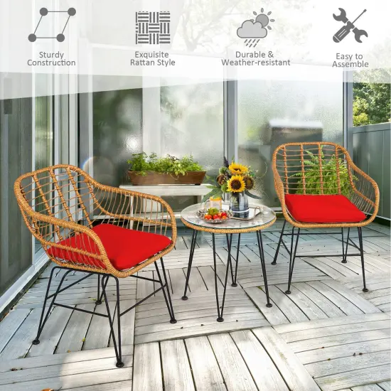 3 Pieces Rattan Furniture Set with Cushioned Chair Table Red {2}