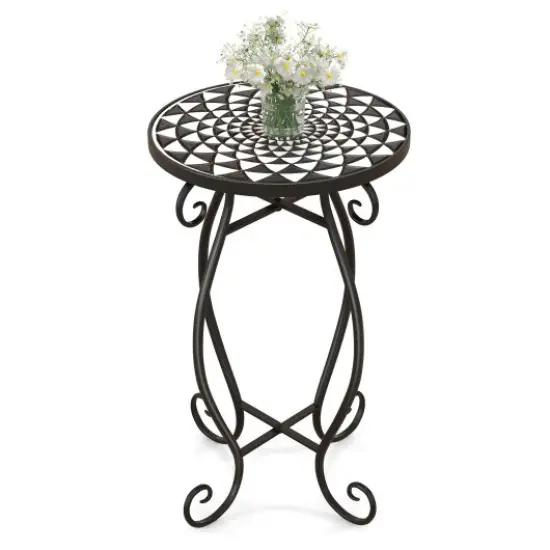12" Round Ceramic Tile Table with Floral Mosaic Design and Metal Legs Ideal for Balcony or Deck Black & White {1}