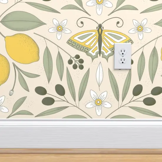 Peel & Stick Wallpaper 2FT Wide Yellow Butterfly Damask Olive Lemon Botanical Italy Pastel Colors Mediterranean Tree Large Scale Citrus Moth Insects Custom Removable Wallpaper by Spoonflower {4}