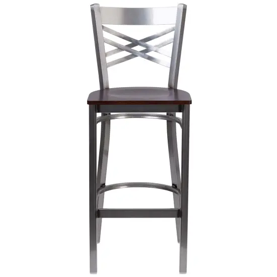 Emma and Oliver 2 Pack Clear Coated "X" Back Metal Restaurant Barstool Walnut/ClearCoated {2}