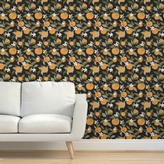 Pre-Pasted Wallpaper 2FT Wide Oranges Citrus Fruit Botanical Leaves Dark Background Custom Pre-pasted Wallpaper by Spoonflower {5}