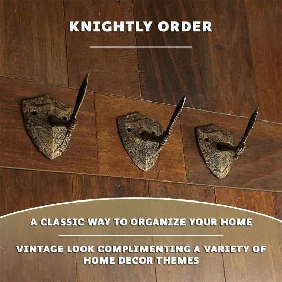 Cast Iron Bronze Sword & Shield Decorative Wall Hooks Towel Hanging Set of 3 {4}