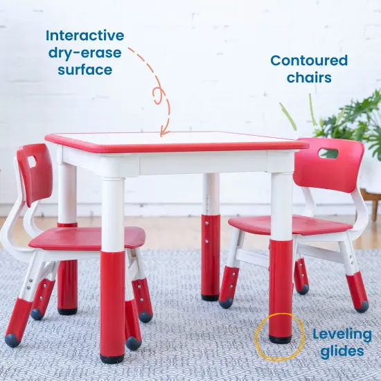 Square Dry-Erase Activity Table and 2 Adjustable Height Plastic Chairs, 3-Piece Red {4}