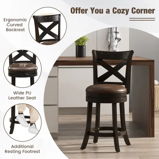 Costway 26'' Swivel Bar Stool Counter Height PU Leather Seat Rubber Wood Legs Footrest {6}