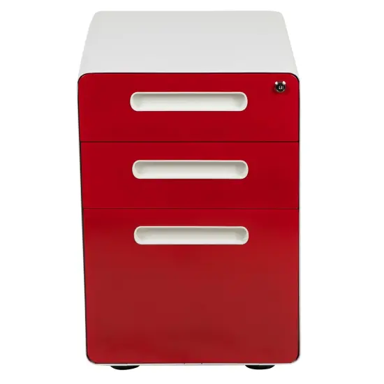 Emma and Oliver Ergonomic 3-Drawer Mobile Locking Filing Cabinet Storage Organizer White and Red {3}
