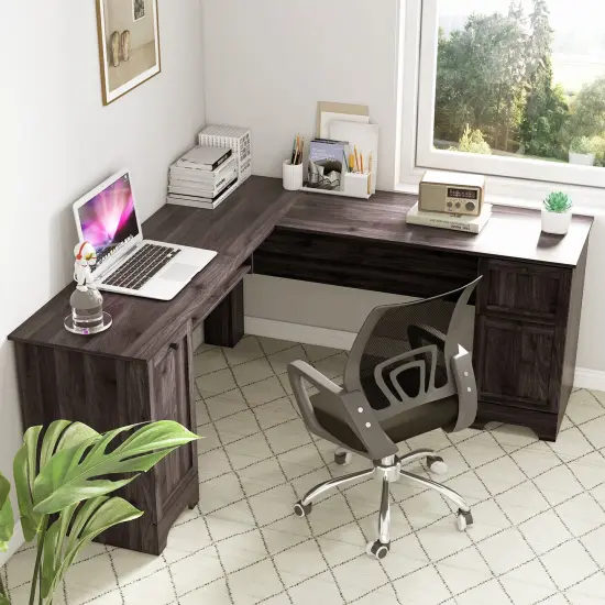 L-Shaped Office Desk with Storage Drawers and Keyboard Tray Dark Brown {4}