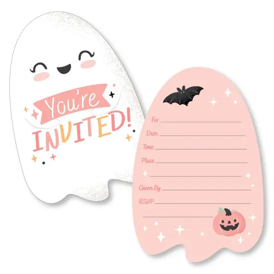 Big Dot of Happiness Pastel Halloween - Shaped Fill-In Invitations - Pink Pumpkin Party Invitation Cards with Envelopes - Set of 12 {1}