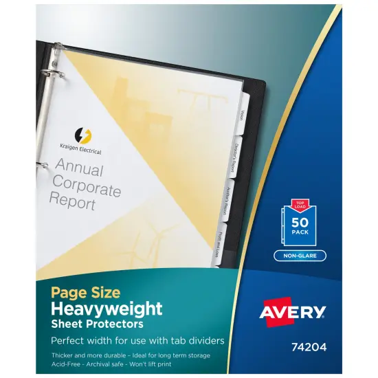 Avery Non-Glare Page-Size Sheet Protectors, Pre-Punched For Use With Tab Dividers, Top Load, 50 Document Protectors (74204) Clear {1}
