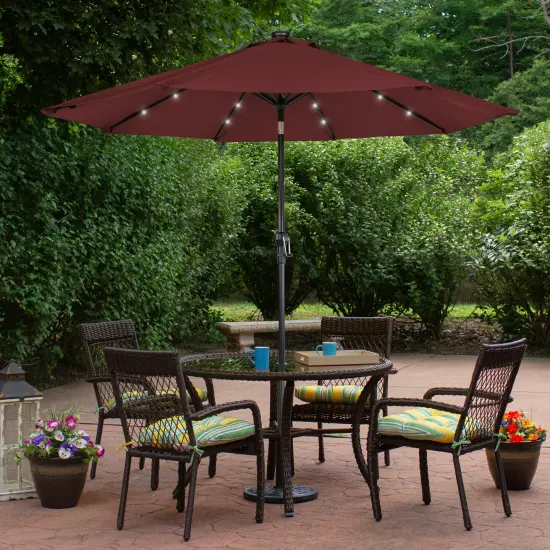 Northlight 9ft Solar Lighted Outdoor Patio Market Umbrella with Hand Crank and Tilt, Burgundy Red {3}