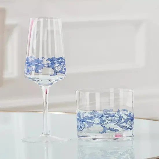 Spode Blue Italian Glass Champagne Flutes, Iconic Design, 8 oz, 4 Set Blue White {4}